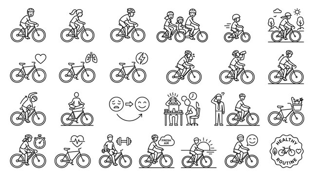 Black line bicycle icon set with cyclists, family riders, tandem bikes, cargo bikes, children, road signs and active lifestyle symbols on white