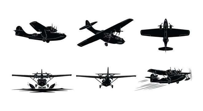 Seaplane silhouettes vector illustration of twin engine floatplanes