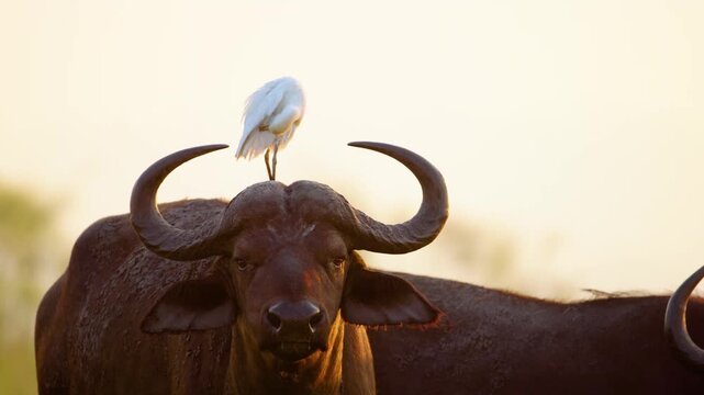 A Cattle Egret (Bubulcus ibis) and African Buffalo (Syncerus caffer) Looking into the Camera standing in Chobe National Park, Botswana, South Africa 