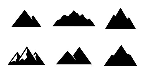 Mountain Icons Set, Black Silhouette Peaks, Vector Graphics for Adventure and Nature Themes, Minimalist Landscape Elements © Farzana