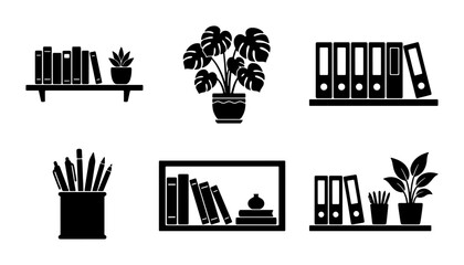 Office Organization Icons: Bookshelves, Binders, Plants, Pen Holder Vector Set for Workspace Design © Farzana