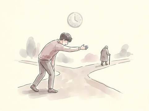 A sad watercolor illustration of a young man reaching out to an elderly person walking away at a crossroads, symbolizing regret and lost time.
