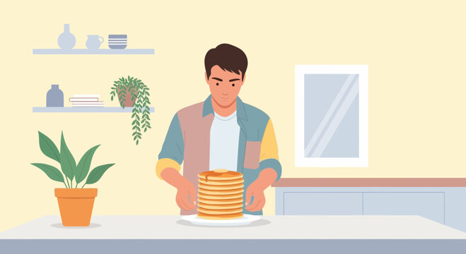 Man preparing a stack of pancakes with syrup in a bright kitchen