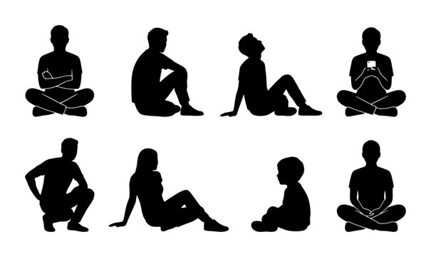 Diverse Human Silhouettes, Sitting Poses Vector Collection, Male, Female, Child, Cross-legged, Relaxed, Contemplative, Modern Minimalist Graphic Elements for Lifestyle Concepts