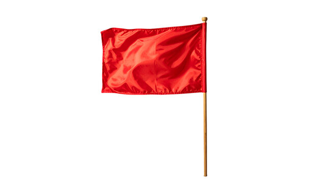 Waving scarlet flag fixed atop a wooden pole against a black backdrop