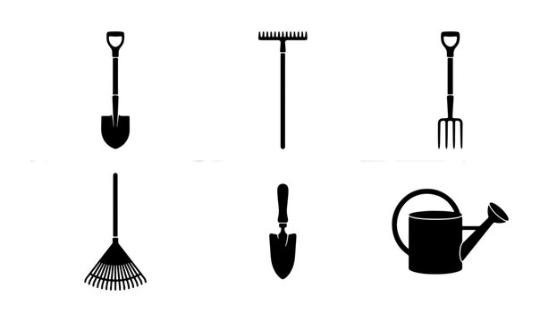 Gardening Tools Vector Icons: Shovel, Rake, Fork, Trowel, Watering Can Set, Black Silhouette Graphics for Outdoor Projects