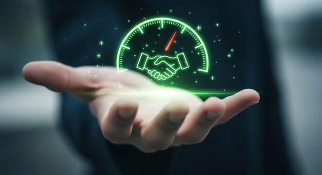 Hand holding glowing digital brain with speedometer for AI innovation and technology concept