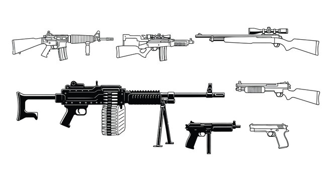 Machine gun silhouettes with bipods vector illustration on white background