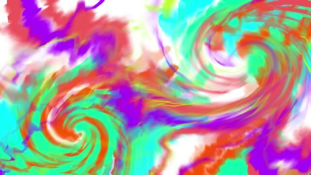 Loop video, Abstract psychedelic digital art with vibrant swirling colors of purple, blue, green, orange, and red creating a mesmerizing, fluid motion effect reminiscent of tie-dye patterns