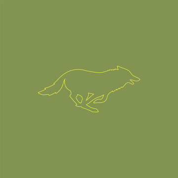 Running wolf minimal lineart isolated on camo green background graphic vector illustration. Wolf outline graphic in a running pose on a solid camo green backdrop. Wolf neon art.