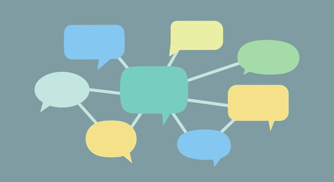 Mind Map of Ideas and Communication: Speech Bubbles Connected to Central Concept