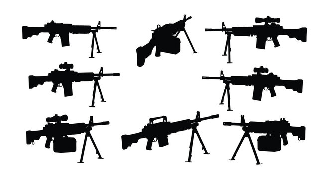 Machine gun silhouettes with bipods vector illustration on white background