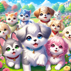 Fototapeta premium Adorable fluffy puppies in a vibrant garden, a heartwarming scene of pure canine joy and playful innocence