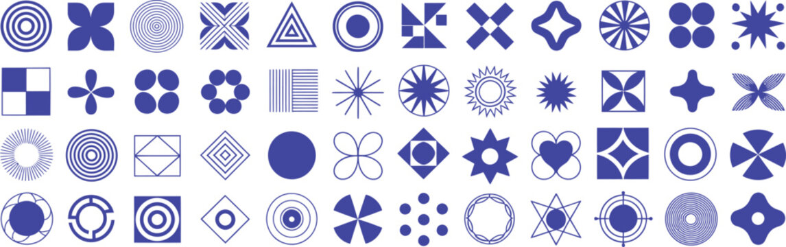 Geometric, graphic asset set with grid patterns and modern retro shapes, isolated vector illustration for posters, stickers, collage and design templates.