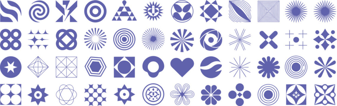 Geometric, graphic asset set with grid patterns and modern retro shapes, isolated vector illustration for posters, stickers, collage and design templates.