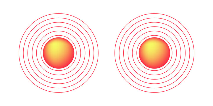 Pain red circle with gradient heat map effect. Medical target for inflammation, stress, injury or pressure point visual. Ache design set for healthcare or advertisement. Vector Illustration.