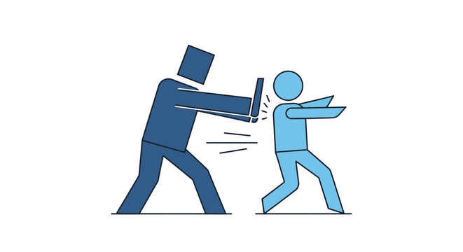Concept illustration depicting bullying, harassment, or aggression where one person pushes another from behind, symbolizing conflict, betrayal, or workplace issues.