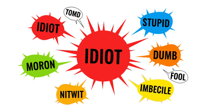 Derogatory words 'idiot', 'moron', 'stupid', 'dumb' in colorful speech bubbles, representing insults, verbal abuse, and negativity.