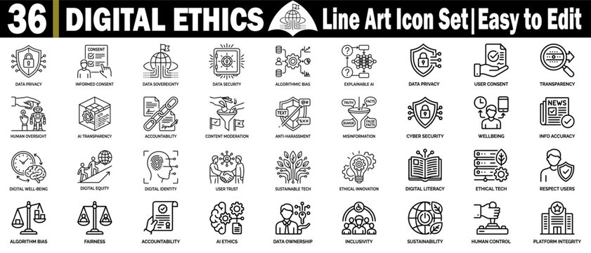 Digital ethics line art icon set for ai transparency and data privacy.