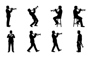 Jazz Musician Silhouettes: Eight Vector Illustrations of Trumpet Players in Various Poses, Standing and Seated, for Music and Performance Concepts © Samira