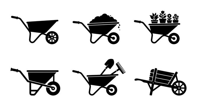 Set of 6 Black Silhouette Wheelbarrow Icons, Garden Cart and Tool Graphics, Agricultural Equipment Vector Collection for Farming and Yard Work