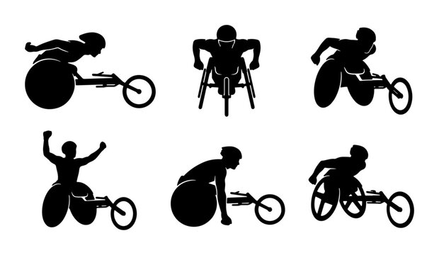 Wheelchair Racer Silhouettes, Paralympic Athlete Icons, Dynamic Sports Action Vector Set, Competitive Wheelchair Sports Graphics