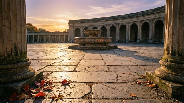 Stone fountain in a courtyard with columns at sunset