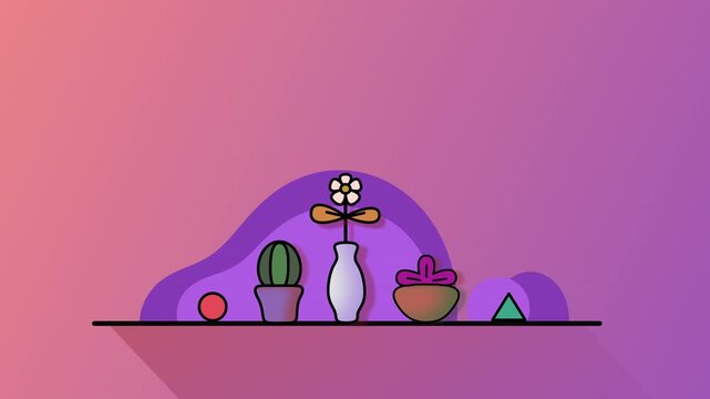 4K Seamless Loop Flat Illustration of Potted Plants and Vase on a Shelf with Pastel Gradient Background