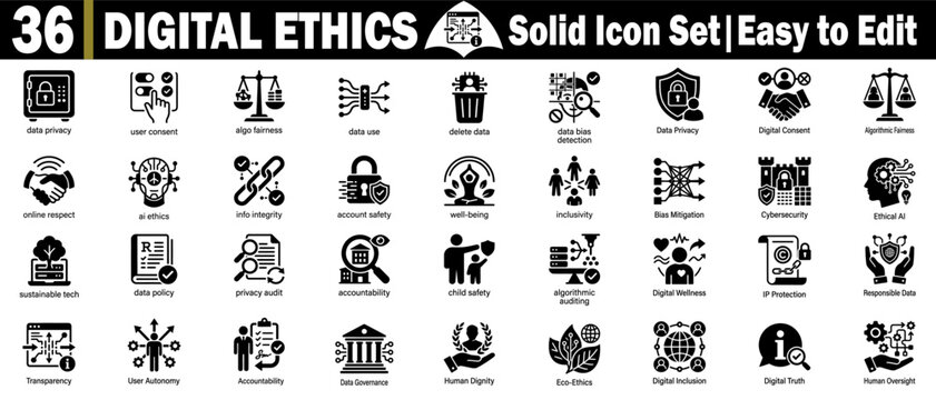 Digital ethics solid icon set for governance and data protection ai.