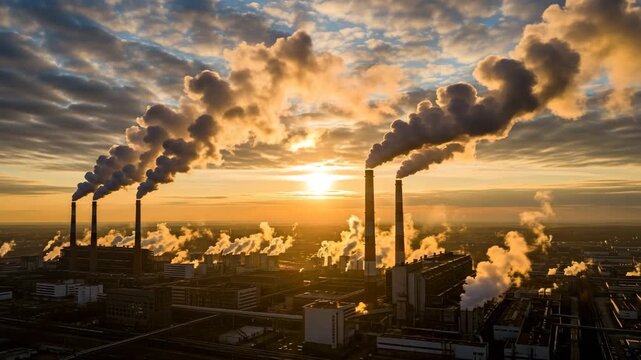 Smoke Stacks in The Golden Hour: Industrial smoke stacks spew pollution into the air as the sun begins to set in a dramatic scene that underscores the pressing need for environmental conservation.
