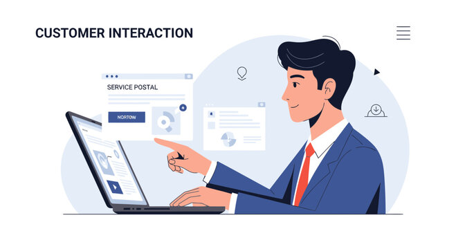 Business professional interacting with customer service on laptop screen, digital communication.