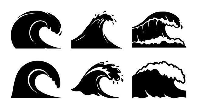Set of 6 Black Silhouette Ocean Waves, Dynamic Sea Surfing and Water Splash Vector Icons for Marine Design