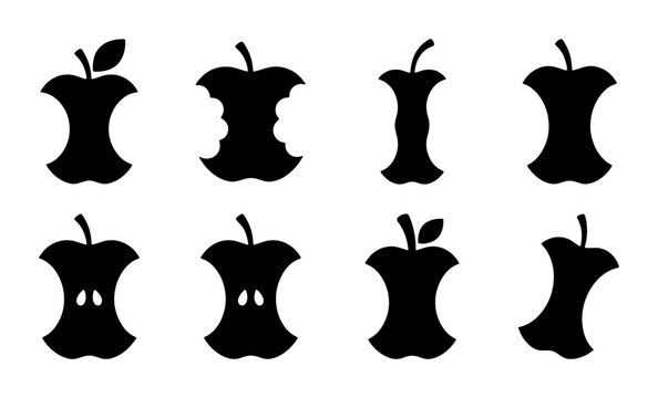 Set of 8 Black Apple Core Silhouettes, Vector Icons for Food Waste and Healthy Eating Concepts, Graphic Elements