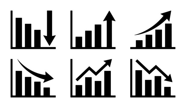 Bar Chart Icons Set: Upward and Downward Trends, Growth, Decline, Financial Data Visualization, Business Analytics, Stock Market Performance