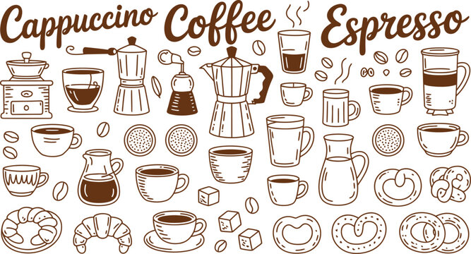 Cafe, menu doodle set with hand drawn coffee cake matcha croissant and latte art elements, cute restaurant vector illustration collection.