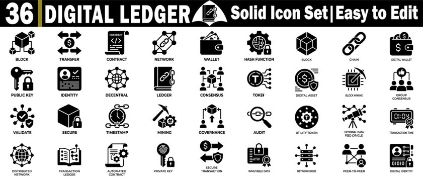 Digital ledger solid icon set, easy to edit, blockchain, digital identity.