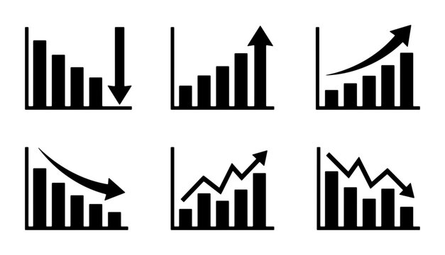 Financial Bar Chart Icons: Upward Growth, Downward Trend, Volatility, and Data Analysis Vectors for Business Reports and Presentations