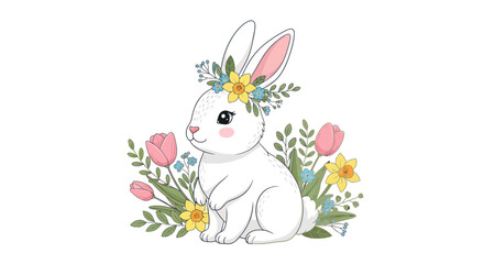 Obraz premium Cute White Bunny Rabbit with Flower Crown in Spring Garden