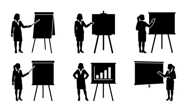 Business Presentation Silhouettes: Female Speaker, Flip Chart, Whiteboard, and Graph Icons for Corporate Meetings and Education