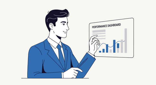 Businessman analyzing performance dashboard with charts and graphs, modern illustration