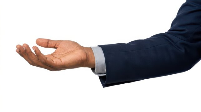 Man's open hand offering, presenting or receiving, isolated on white background, business concept