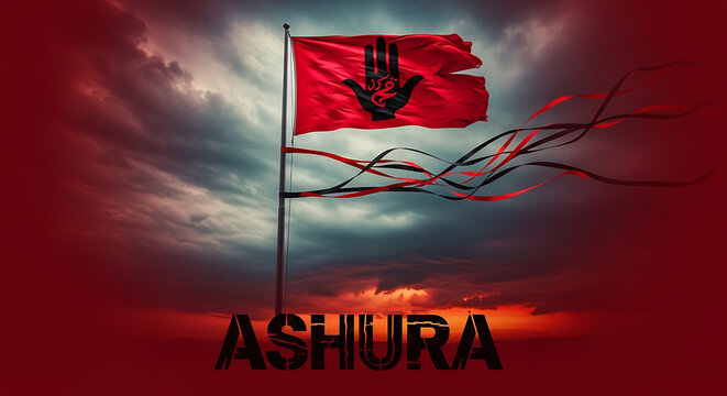 Torn red flag with ashura text at sunset