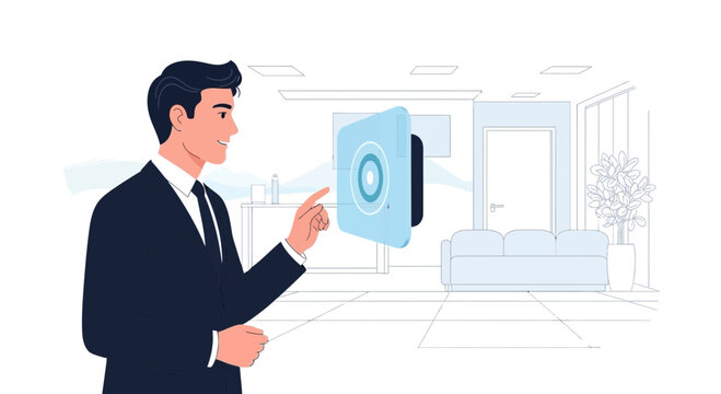 Businessman interacts with futuristic smart home interface on wall panel