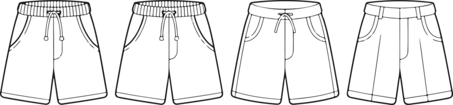 Four styles of casual drawstring shorts illustration