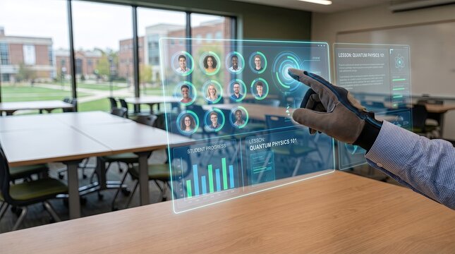 Teacher&rsquo;s hand organizing holographic online classroom dashboards, student progress charts and lesson panels, modern education scene, Generated by AI
