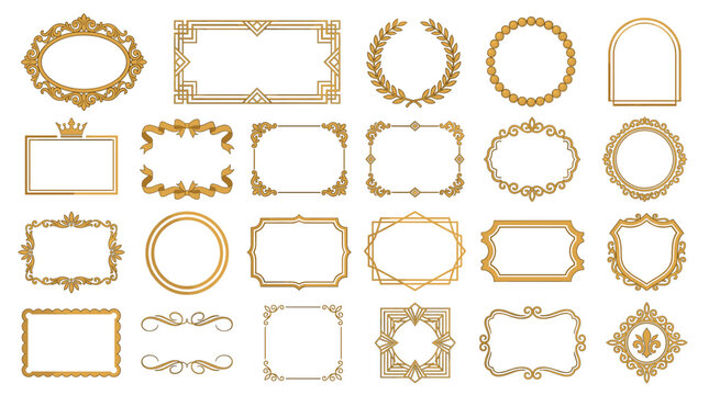 Ornate gold frame and label collection with wreaths, laurels, rectangles, circles, shields, banners and elegant decorative border templates