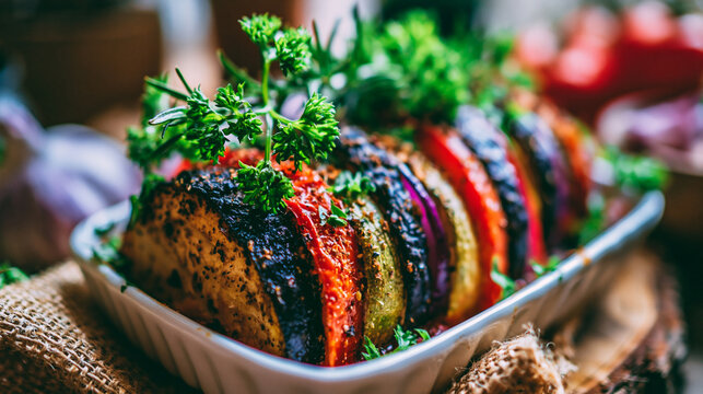 Traditional vegetable ratatouille with sliced eggplant zucchini and tomato in ceramic baking dish