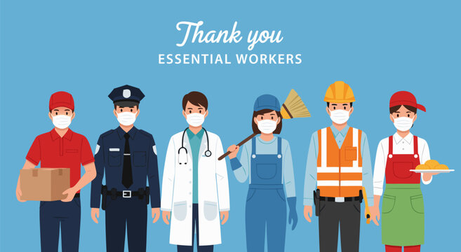 Thank You Essential Workers Vector Illustration - A Tribute to Healthcare Professionals, First Responders, and Frontline Staff
