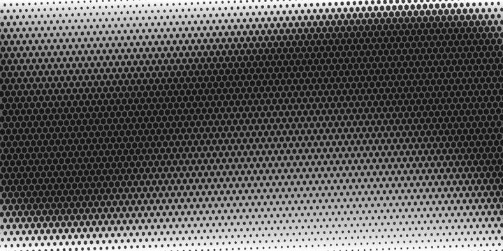Fading hexagon gradient texture. Vanishing honeycomb pattern background. Geometric hexagonal halftone tech overlay backdrop. Black grunge halfton wallpaper. Vector retro dot texure wallpaper