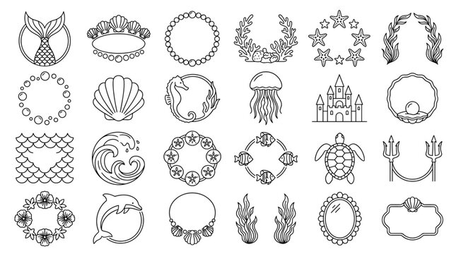 Black outline ocean frame collection with shells, waves, coral, seaweed, turtle, mermaid tails, bubbles and decorative marine border elements
